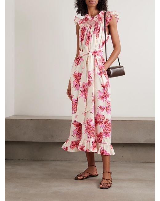 Loretta Caponi Pink Delfina Ruffled Smocked Floral-Print Cotton Maxi Dress