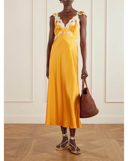 Doen Metallic Fiona Lace-Trimmed Silk-Satin Midi Dress