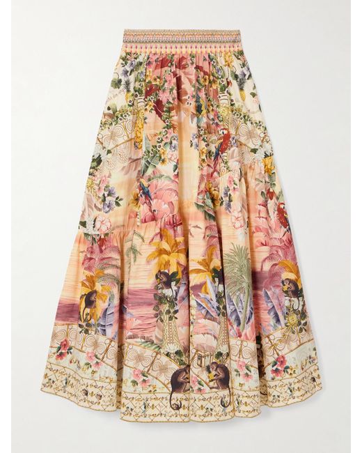 Camilla White The Lotus Crystal-Embellished Printed Linen Maxi Skirt