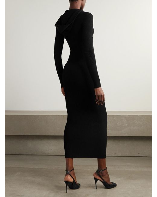 Alaïa Black Hooded Ribbed-Knit Midi Dress