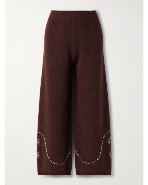 Calle Del Mar Brown Intarsia-Knit Cashmere Wide-Leg Pants