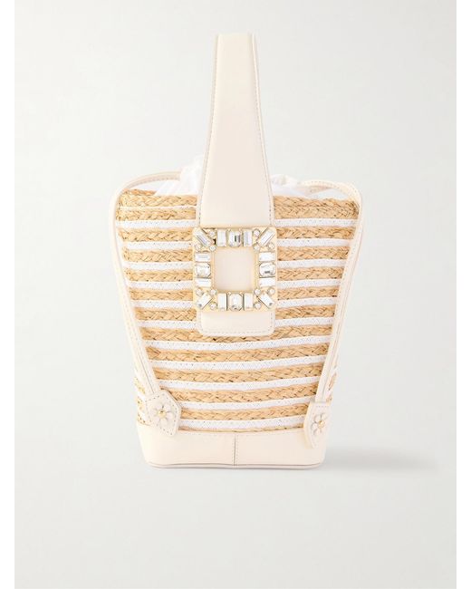 Roger Vivier Natural Viv' Skate Embellished Leather-Trimmed Striped Woven Raffia Clutch