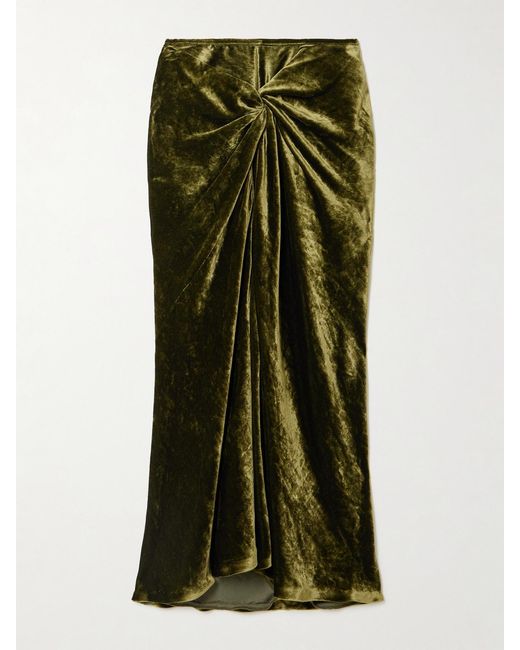 Dries Van Noten Green Ruched Velvet Midi Skirt