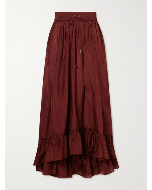 Zimmermann Red Aster Ruffled Silk Maxi Skirt