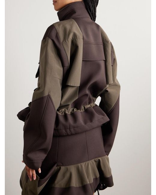 Sacai Brown Draped Paneled Scuba And Cotton-Blend Grosgrain Jacket
