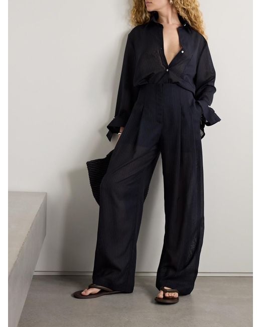 Twp Blue Carrie's Pleated Pinstriped Wool Wide-Leg Pants