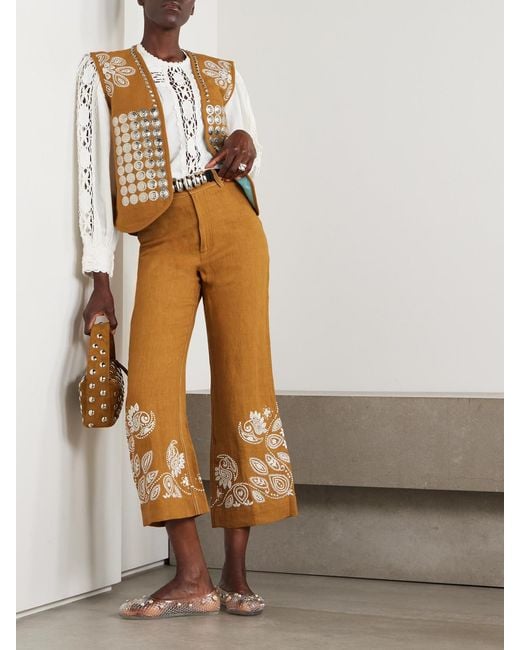 Alix Of Bohemia Natural Paige Cropped Embroidered Linen Bootcut Pants