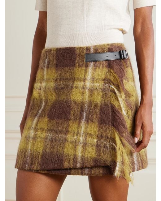 Loewe Natural Leather-Trimmed Checked Mohair And Wool-Blend Mini Wrap Skirt
