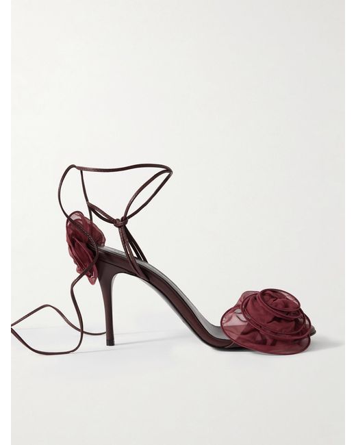 Magda Butrym Red Appliquéd Tulle-Trimmed Leather Sandals