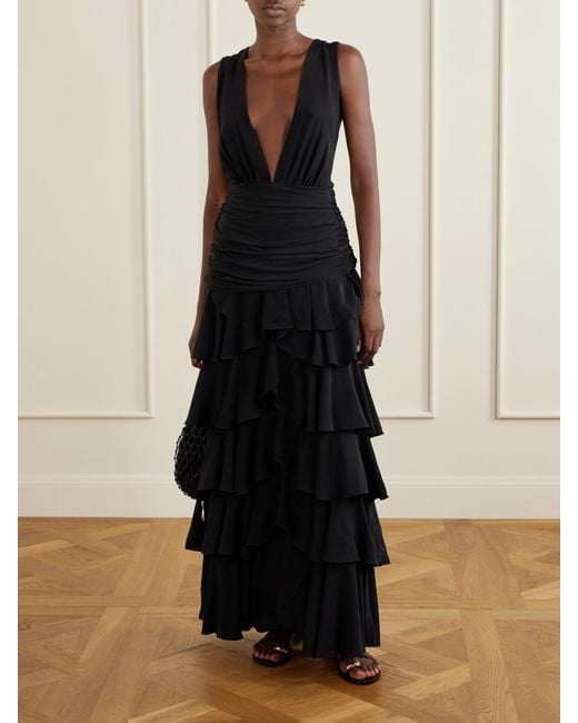 Johanna Ortiz Black A Map Of Gentle Winds Tiered Ruffled Silk-Crepe Maxi Dress