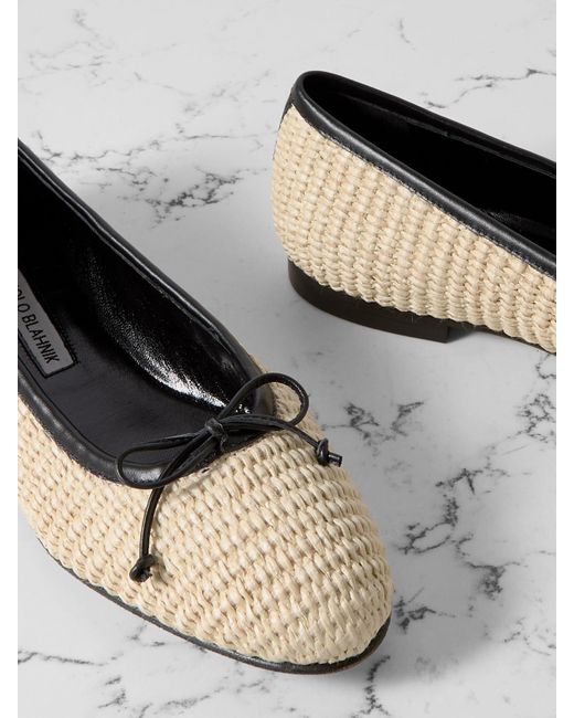 Manolo Blahnik Veralli Leather-Trimmed Raffia Ballet Flats in