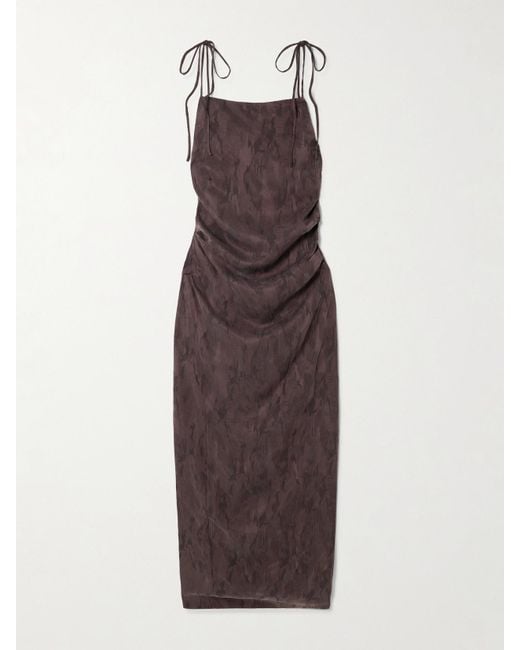 St. Agni Brown Gathered Washed Satin-Jacquard Maxi Dress