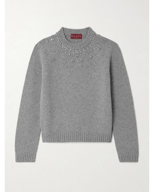Gucci Gray Crystal-Embellished Wool And Cashmere-Blend Sweater