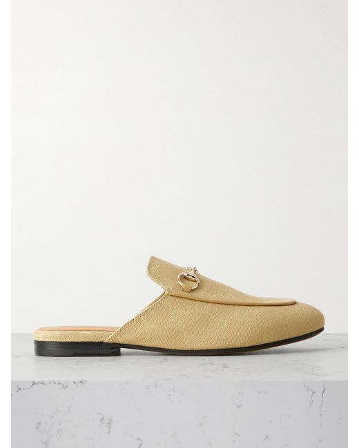 Gucci White Princetown Horsebit-Embellished Leather-Trimmed Canvas-Jacquard Slippers