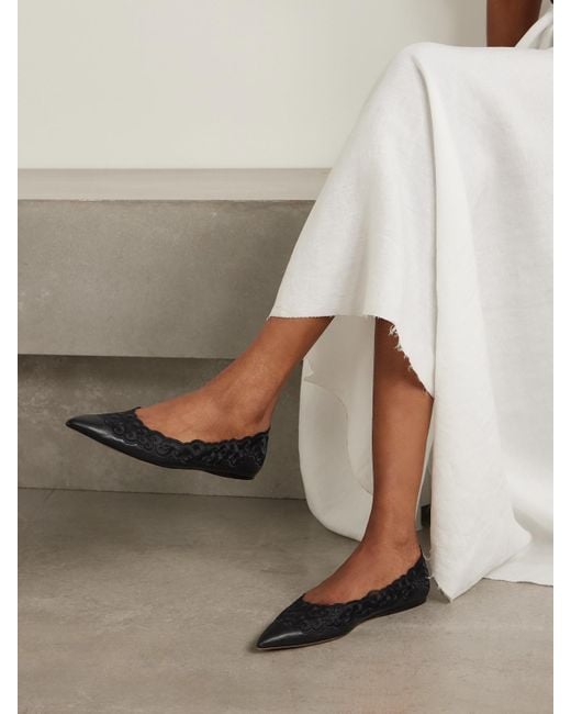 Gabriela Hearst White Ziva Leather And Embroidered Tulle Point-Toe Flats