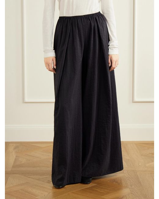 La Ligne Blue Pleated Crinkle Satin Wide-Leg Pants