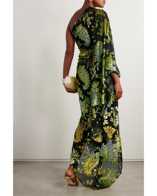 Cult Gaia Green Adira One-Sleeve Metallic Devoré-Chiffon Gown