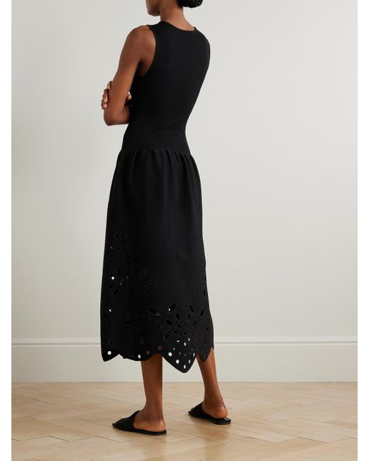Ulla Johnson Black Midikleid Aus Rippstrick Und Jersey Mit Lochstickerei