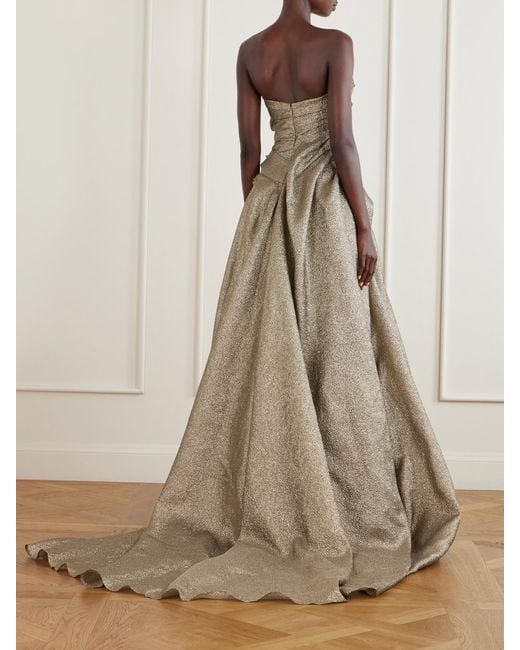 Marmar Halim Natural Off-The-Shoulder Draped Brocade Gown