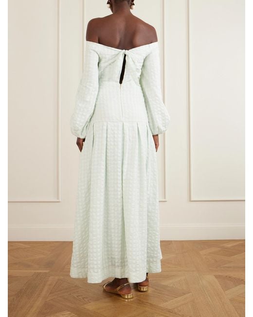 Agua Bendita White Senlis Off-The-Shoulder Floral-Appliqué Checked Linen Maxi Dress