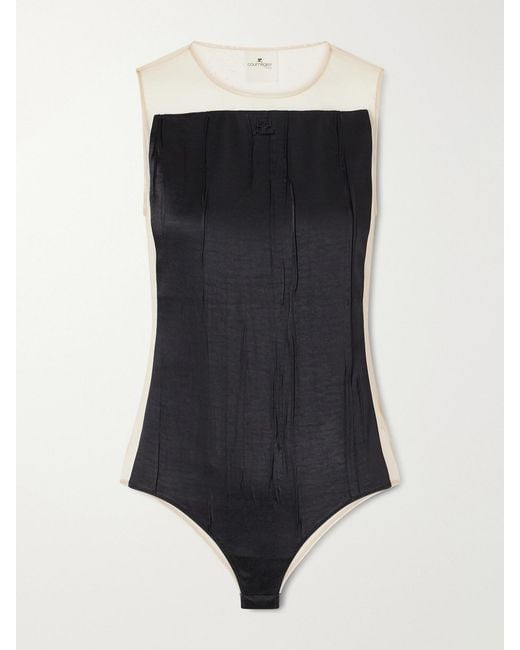 Courreges Black Logo-Appliqué Crinkled-Satin And Organza Bodysuit