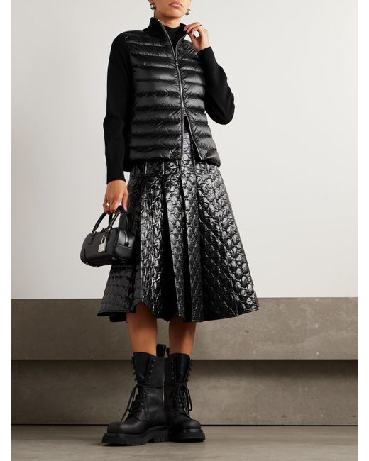 Moncler Black Cardigan Aus Wolle Und Gestepptem Shell Mit Daunenfüllung