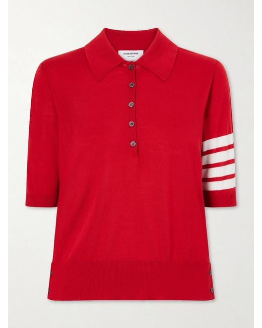 Thom Browne Red Grosgrain-Trimmed Striped Wool Polo Shirt