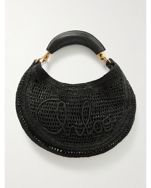 Chloé Black Summer Banana Leather-Trimmed Embroidered Raffia Tote