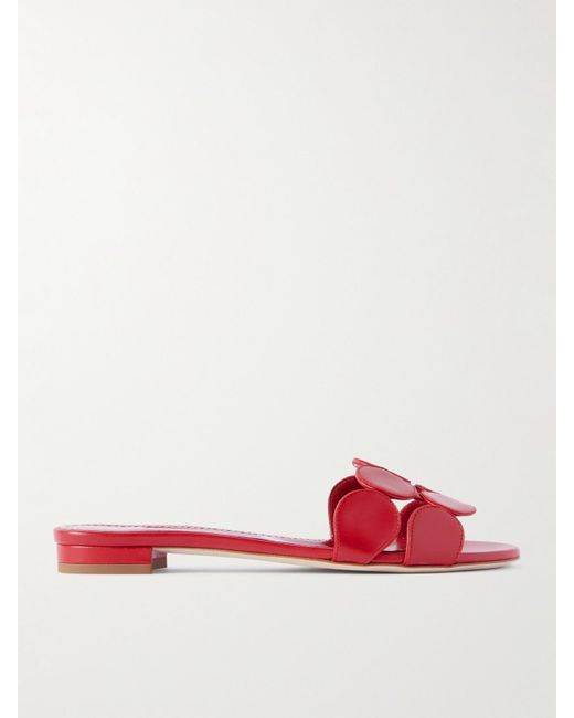 Manolo Blahnik Red Haribalmu 10 Cutout Leather Slides