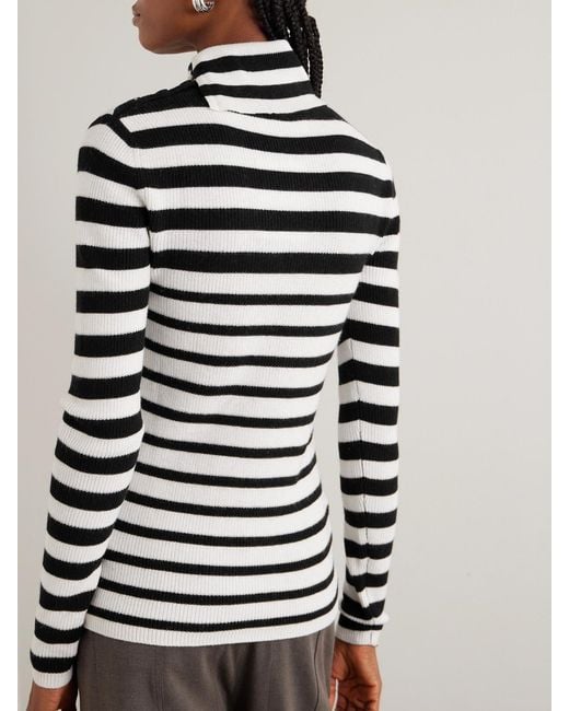 Lisa Yang White Sabrine Button-Detailed Striped Ribbed Cotton And Cashmere-Blend Turtleneck Sweater