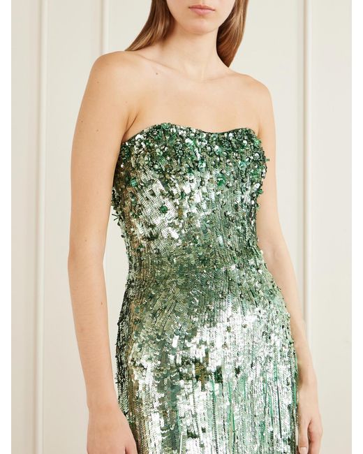 Jenny Packham Green Kimi Frayed Sequined Tulle Gown