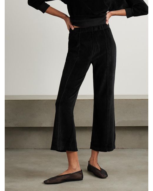Suzie Kondi Black Fili Cropped Cotton-Blend Velour Flared Pants