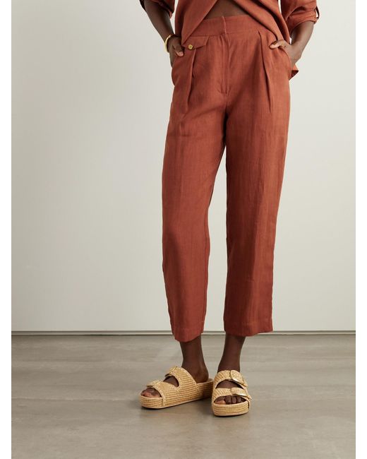 LeKasha Red Jaouf Cropped Pleated Organic Linen Straight-Leg Pants