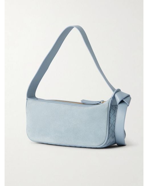 Bottega Veneta Blue Nodo Intrecciato Leather-Trimmed Suede Shoulder Bag