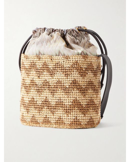Missoni Natural Small Striped Leather-Trimmed Raffia Bucket Bag