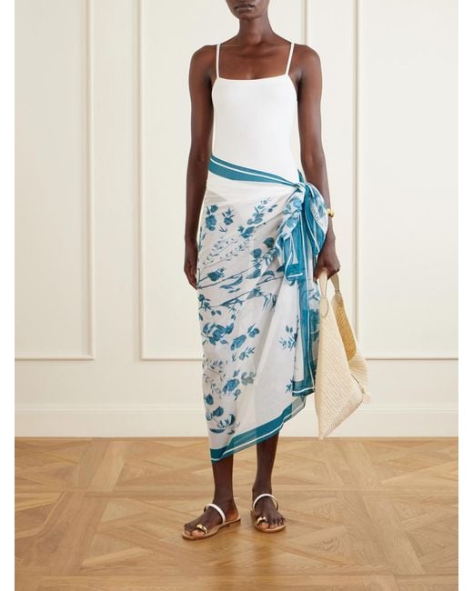 Erdem Blue Floral-Print Cotton-Voile Pareo