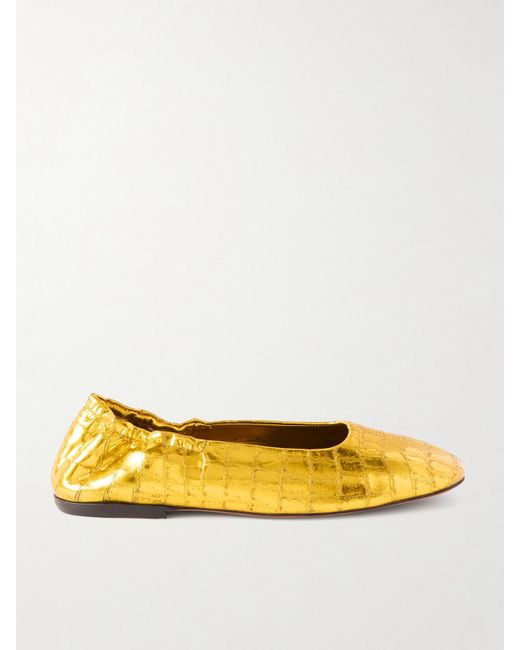Dries Van Noten Yellow Metallic Croc-Effect Leather Ballet Flats