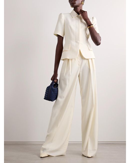 Max Mara White Piombo Pleated Wool Wide-Leg Pants