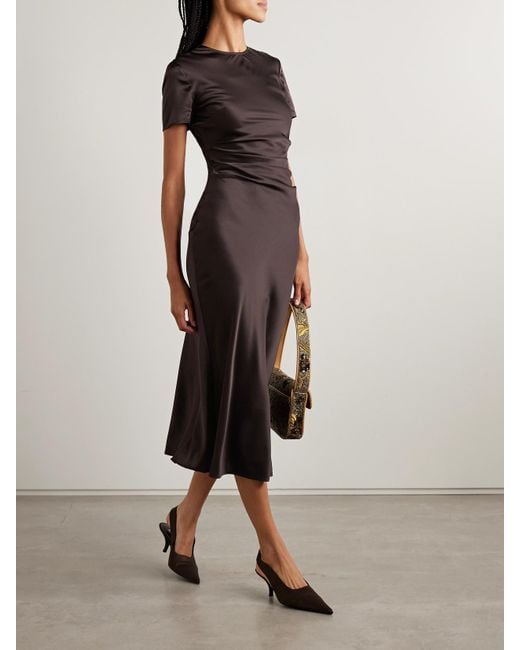 Staud Black Marcel Ruched Stretch-Silk Charmeuse Midi Dress