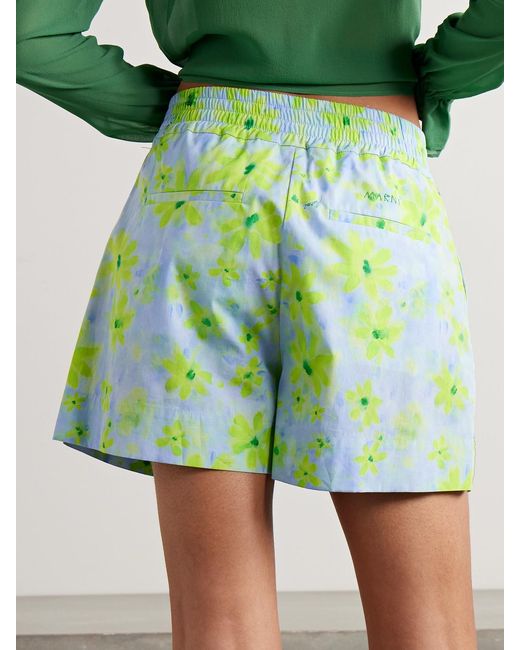 Marni Green Pleated Floral-Print Cotton-Poplin Shorts