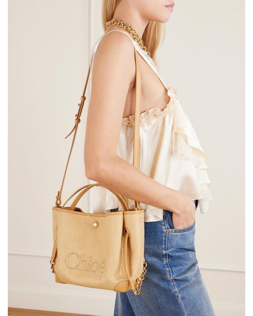 Chloé Natural Clover Leather-Trimmed Raffia-Effect Tote