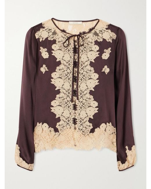 Doen Red Lucine Lace-Trimmed Silk-Satin Blouse