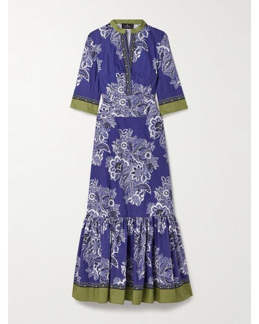 Etro Blue Floral-Print Cotton-Poplin Midi Dress