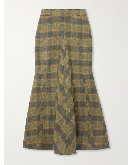 Our Legacy Green Rebel Distressed Paneled Checked Cotton-Flannel Midi Skirt