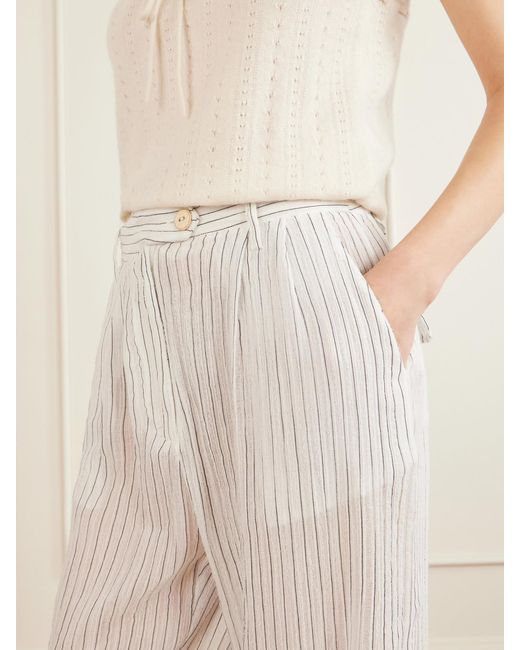 Alix Of Bohemia White Diana Sea Salt Pleated Pinstriped Cotton-Gauze Wide-Leg Pants