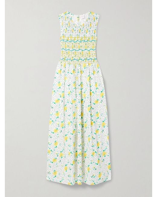 Loretta Caponi White Gioia Smocked Printed Cotton-Voile Midi Dress