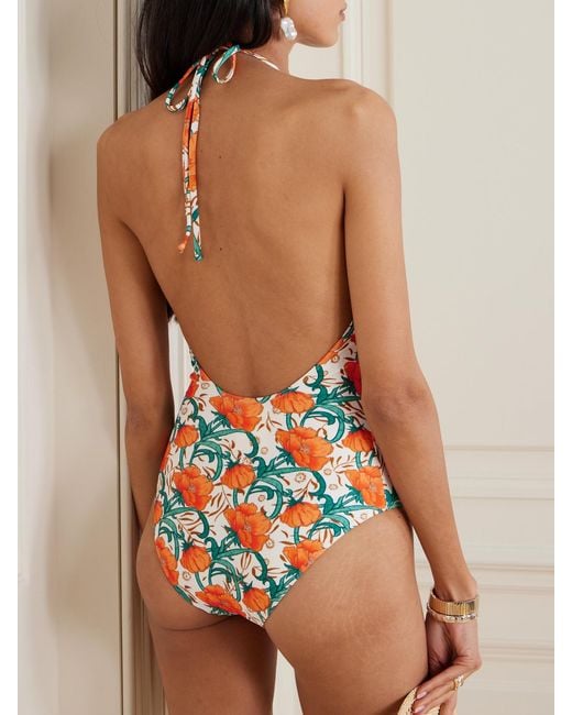LaDoubleJ White Orlebar Floral-Print Halterneck Swimsuit