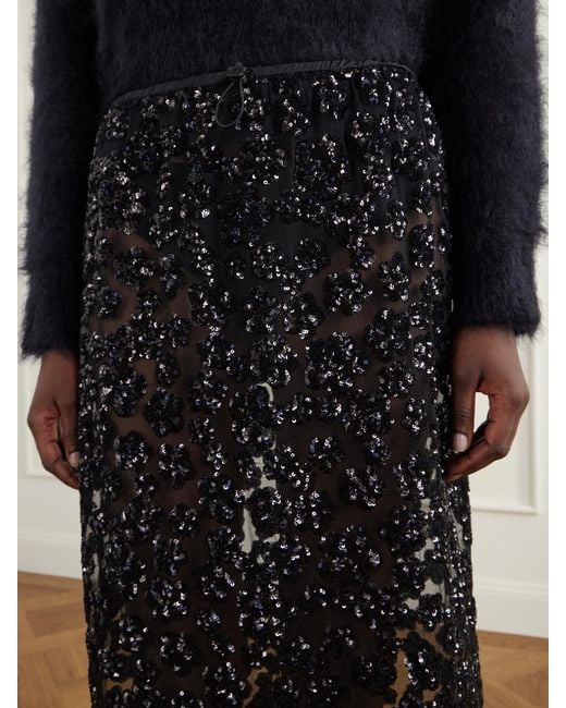 CECILIE BAHNSEN Black Bria Sequined-Embellished Mesh Midi Skirt