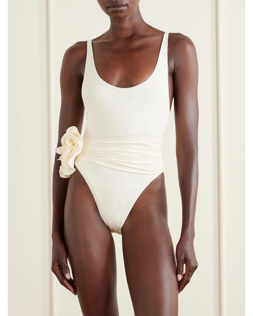 Magda Butrym White Embellished Lace-Trimmed Swimsuit