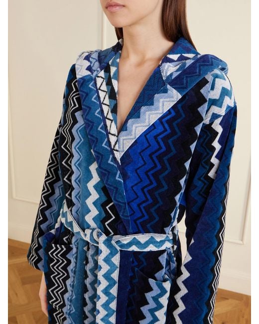 Missoni Blue Giacomo Striped Hooded Belted Cotton-Terry Robe